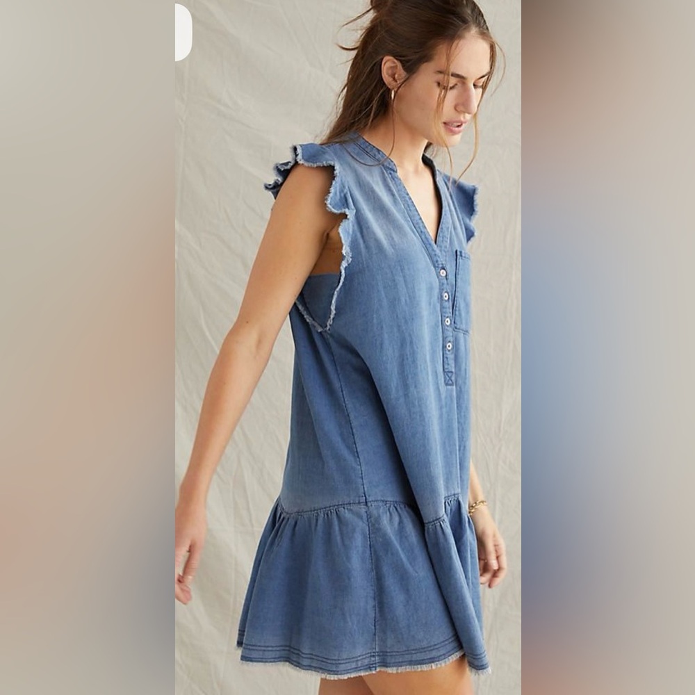 Anthropologie Pilcro Flounced Tunic Chambray Denim Flutter Sleeve Dress XS